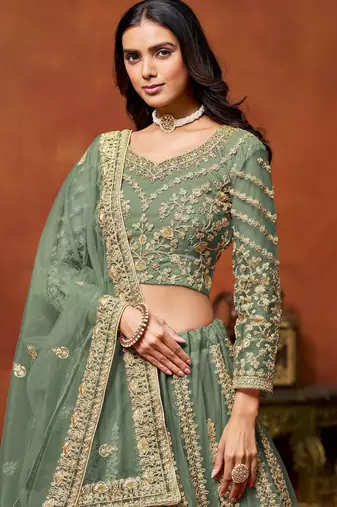 Green Net Sequins Work Semi Stitched Lehenga Choli Size Up To 42