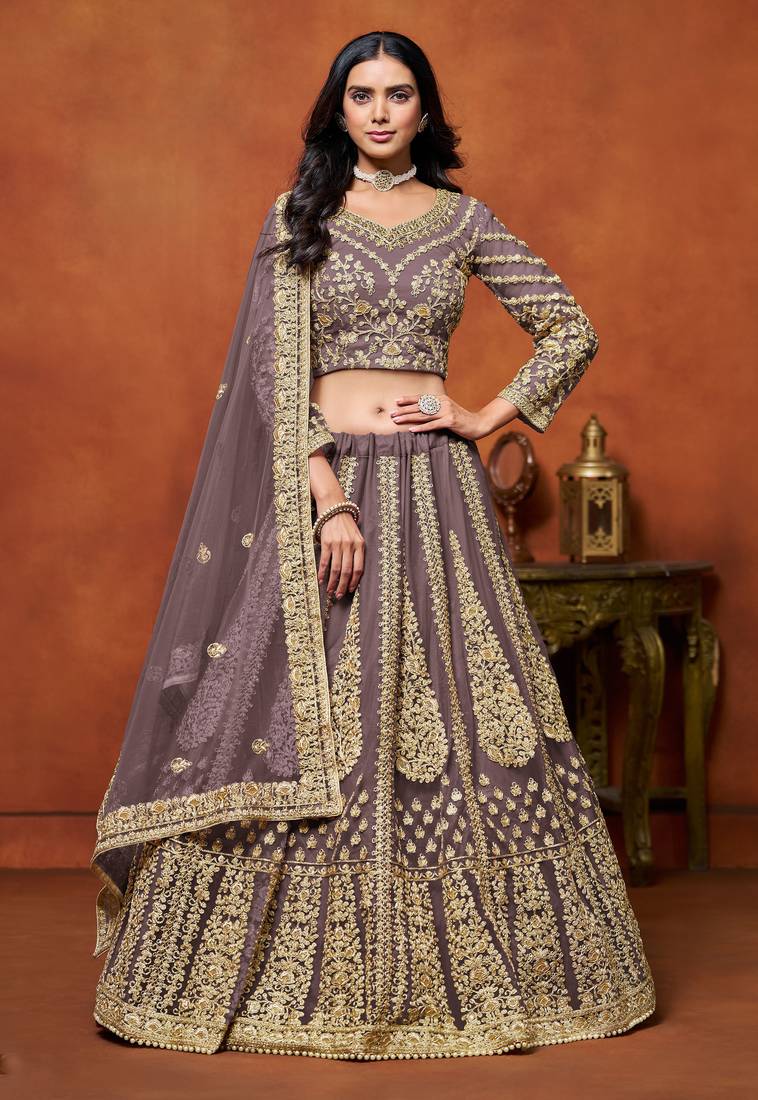 Purple Net Sequins Work Semi Stitched Lehenga Choli Size Up To 42
