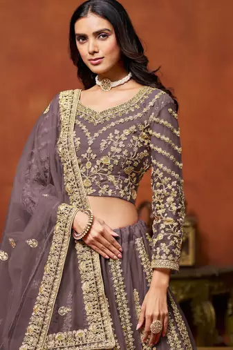 Purple Net Sequins Work Semi Stitched Lehenga Choli Size Up To 42