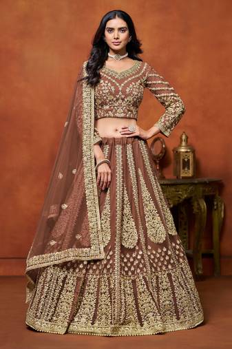 Brown Net Sequins Work Semi Stitched Lehenga Choli Size Up To 42