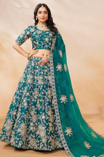 Teal Green Art Silk Hand Embroidery Semi Stitched Lehenga Choli Size Up To 42
