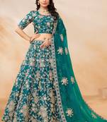 Teal Green Art Silk Hand Embroidery Semi Stitched Lehenga Choli Size Up To 42