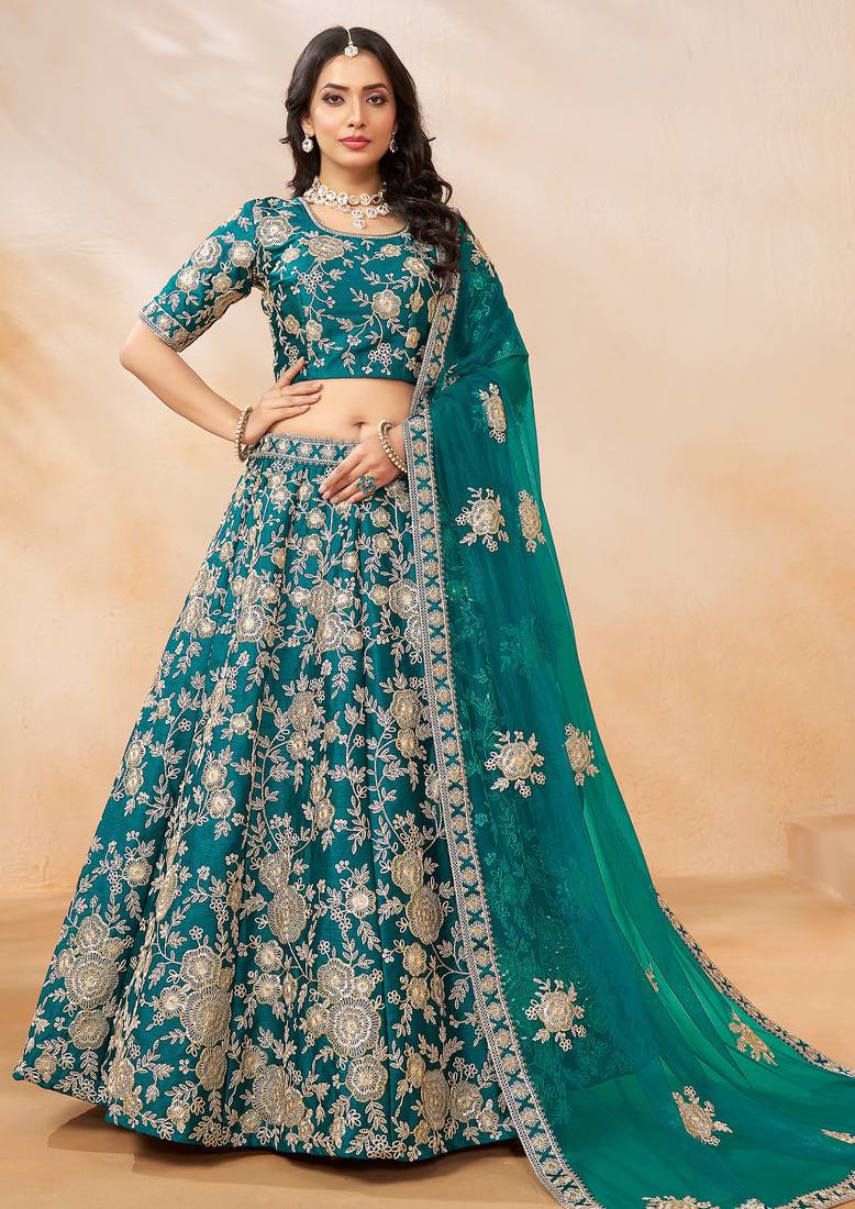 Teal Green Art Silk Hand Embroidery Semi Stitched Lehenga Choli Size Up To 42