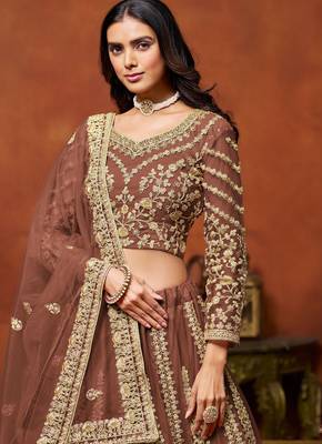 Brown Net Sequins Work Semi Stitched Lehenga Choli Size Up To 42 2