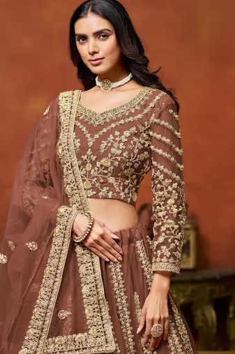 Brown Net Sequins Work Semi Stitched Lehenga Choli Size Up To 42