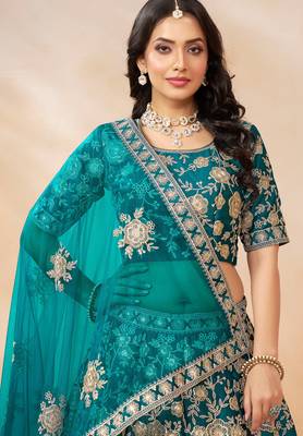 Teal Green Art Silk Hand Embroidery Semi Stitched Lehenga Choli Size Up To 42 2