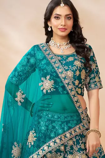 Teal Green Art Silk Hand Embroidery Semi Stitched Lehenga Choli Size Up To 42