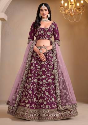 Purple Art Silk Sequins Work Semi Stitched Lehenga Choli Size Up To 42 1