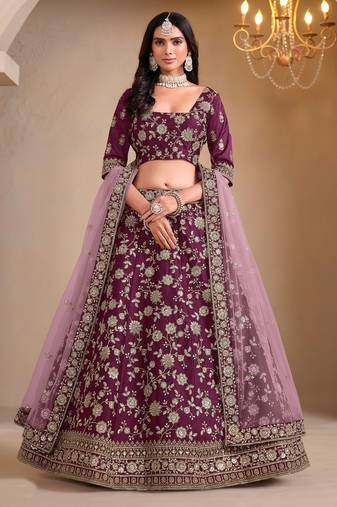 Purple Art Silk Sequins Work Semi Stitched Lehenga Choli Size Up To 42