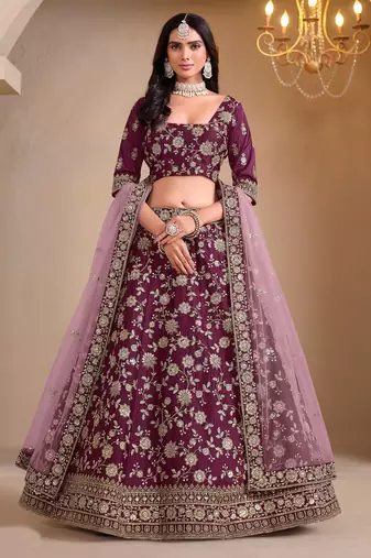 Purple Art Silk Sequins Work Semi Stitched Lehenga Choli Size Up To 42