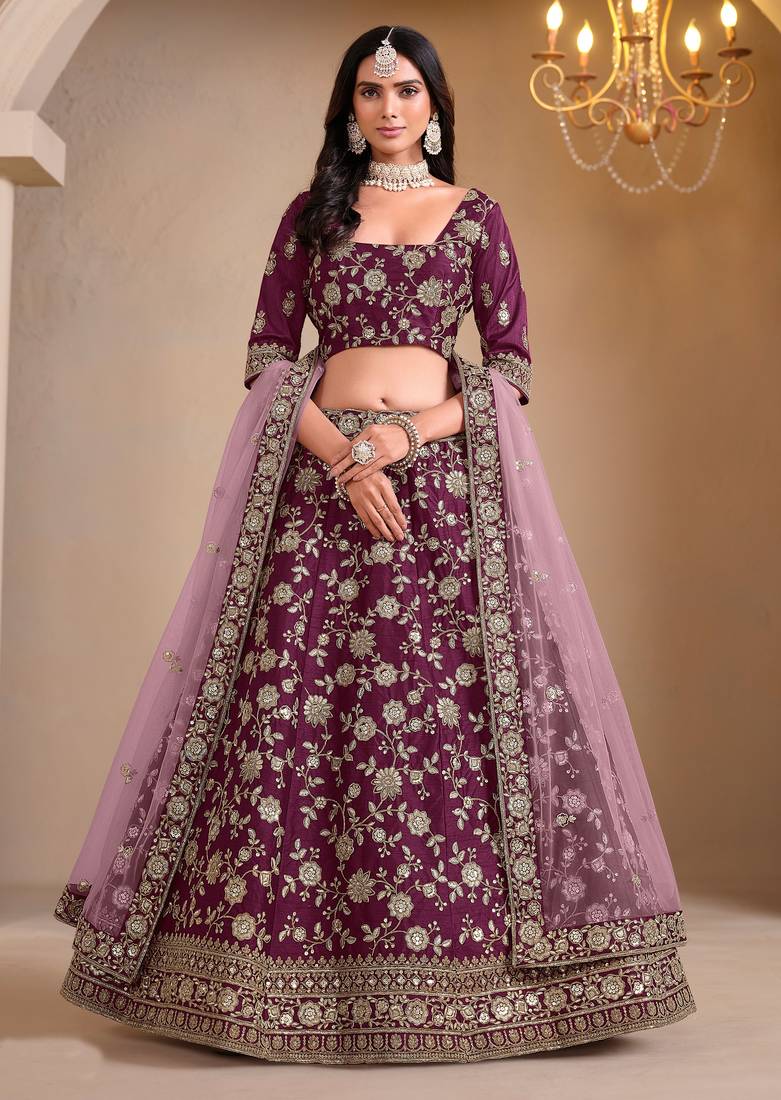 Purple Art Silk Sequins Work Semi Stitched Lehenga Choli Size Up To 42