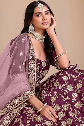 Purple Art Silk Sequins Work Semi Stitched Lehenga Choli Size Up To 42