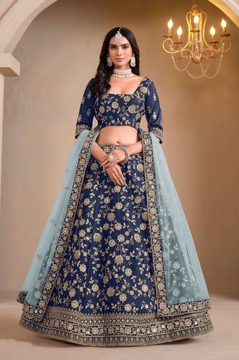 Blue Art Silk Sequins Work Semi Stitched Lehenga Choli Size Up To 42