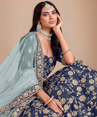 Blue Art Silk Sequins Work Semi Stitched Lehenga Choli Size Up To 42 2