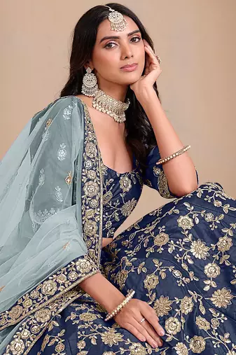 Blue Art Silk Sequins Work Semi Stitched Lehenga Choli Size Up To 42