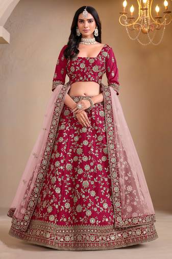 Pink Art Silk Sequins Work Semi Stitched Lehenga Choli Size Up To 42