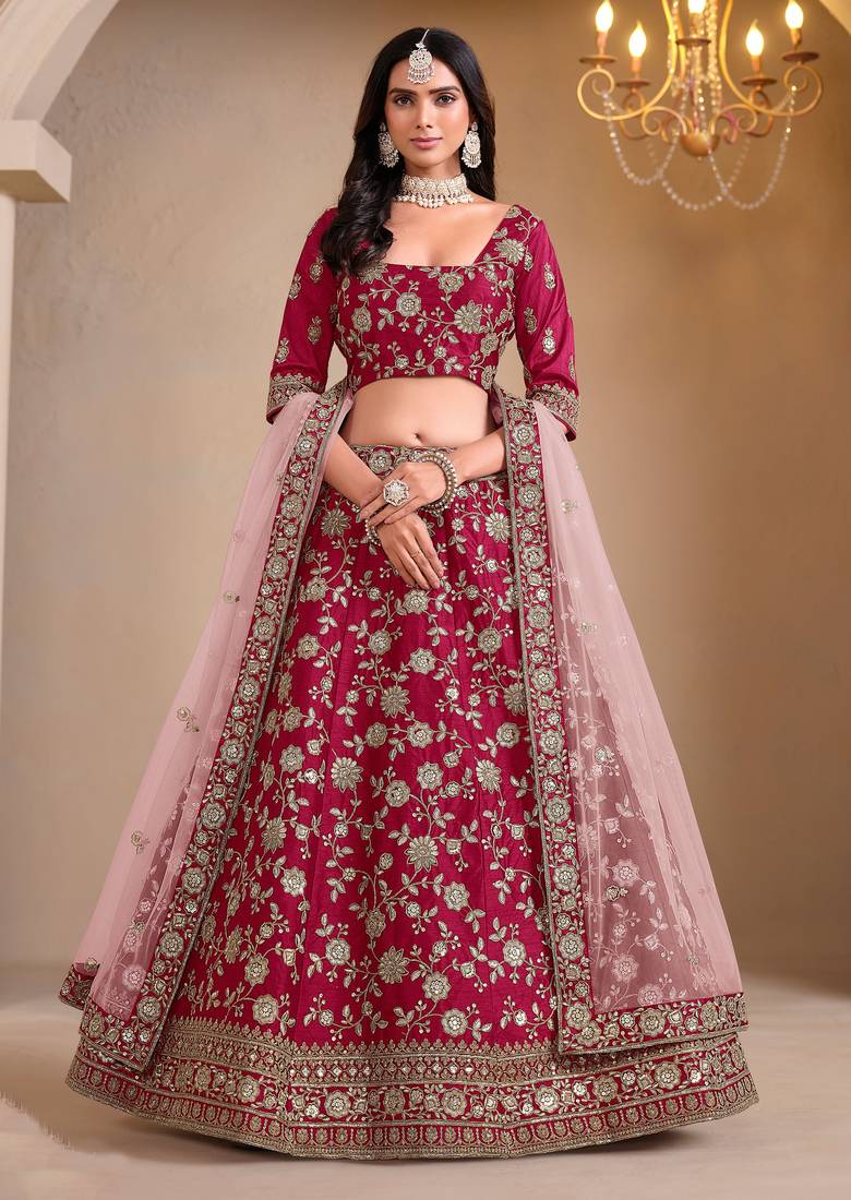 Pink Art Silk Sequins Work Semi Stitched Lehenga Choli Size Up To 42