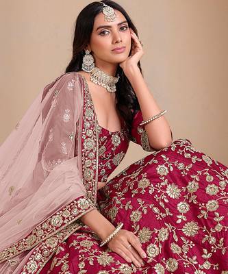 Pink Art Silk Sequins Work Semi Stitched Lehenga Choli Size Up To 42 2