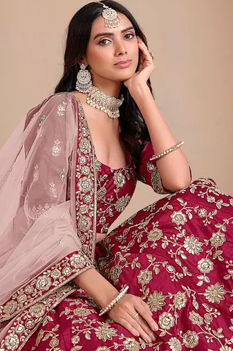 Pink Art Silk Sequins Work Semi Stitched Lehenga Choli Size Up To 42