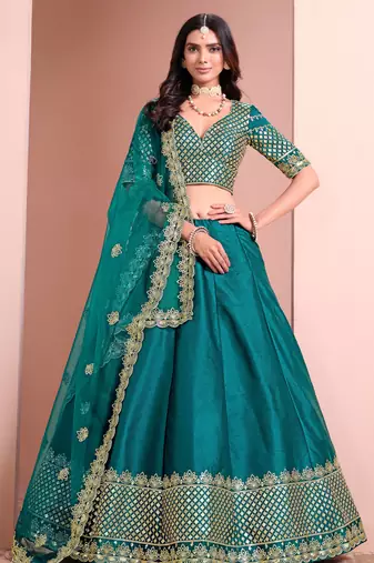 Turquoise Art Silk Sequins Work Semi Stitched Lehenga Choli Size Up To 42
