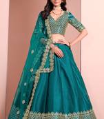 Turquoise Art Silk Sequins Work Semi Stitched Lehenga Choli Size Up To 42
