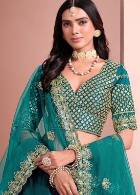Turquoise Art Silk Sequins Work Semi Stitched Lehenga Choli Size Up To 42 2