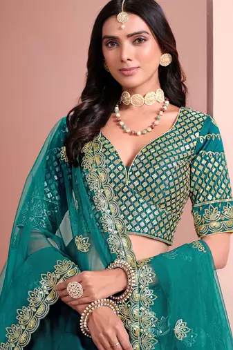 Turquoise Art Silk Sequins Work Semi Stitched Lehenga Choli Size Up To 42