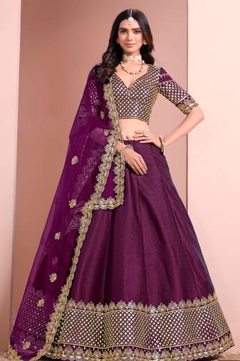 Purple Art Silk Sequins Work Semi Stitched Lehenga Choli Size Up To 42