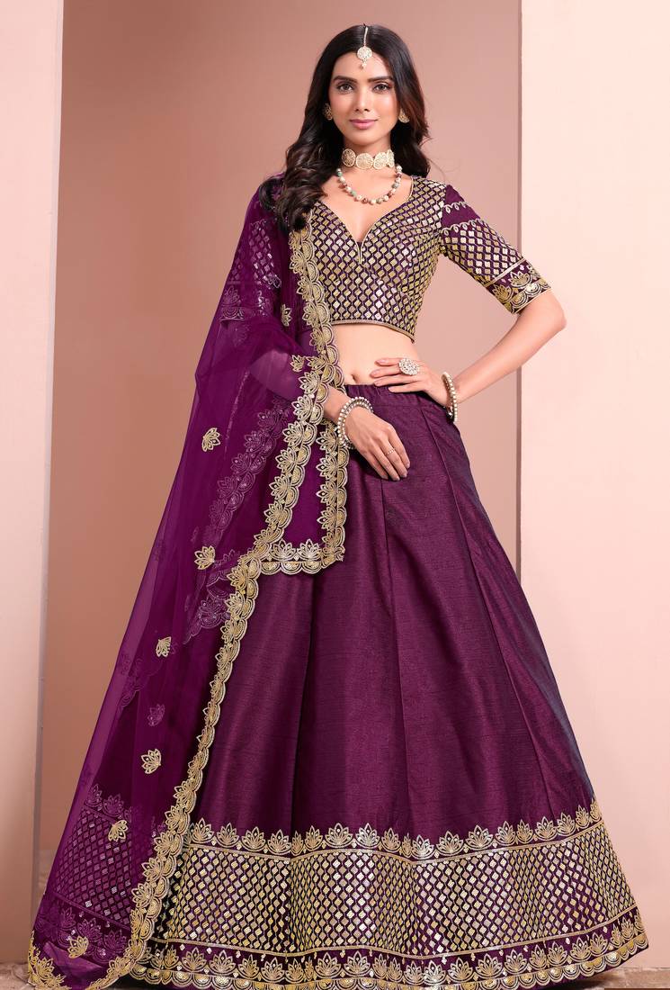 Purple Art Silk Sequins Work Semi Stitched Lehenga Choli Size Up To 42
