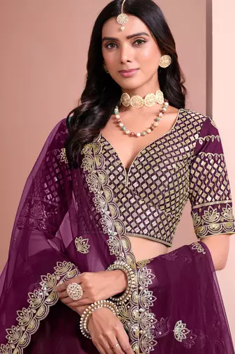 Purple Art Silk Sequins Work Semi Stitched Lehenga Choli Size Up To 42