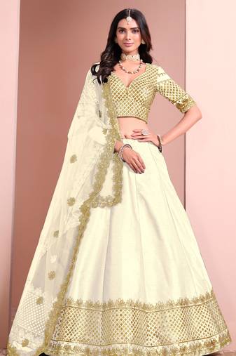 Off White Art Silk Sequins Work Semi Stitched Lehenga Choli Size Up To 42