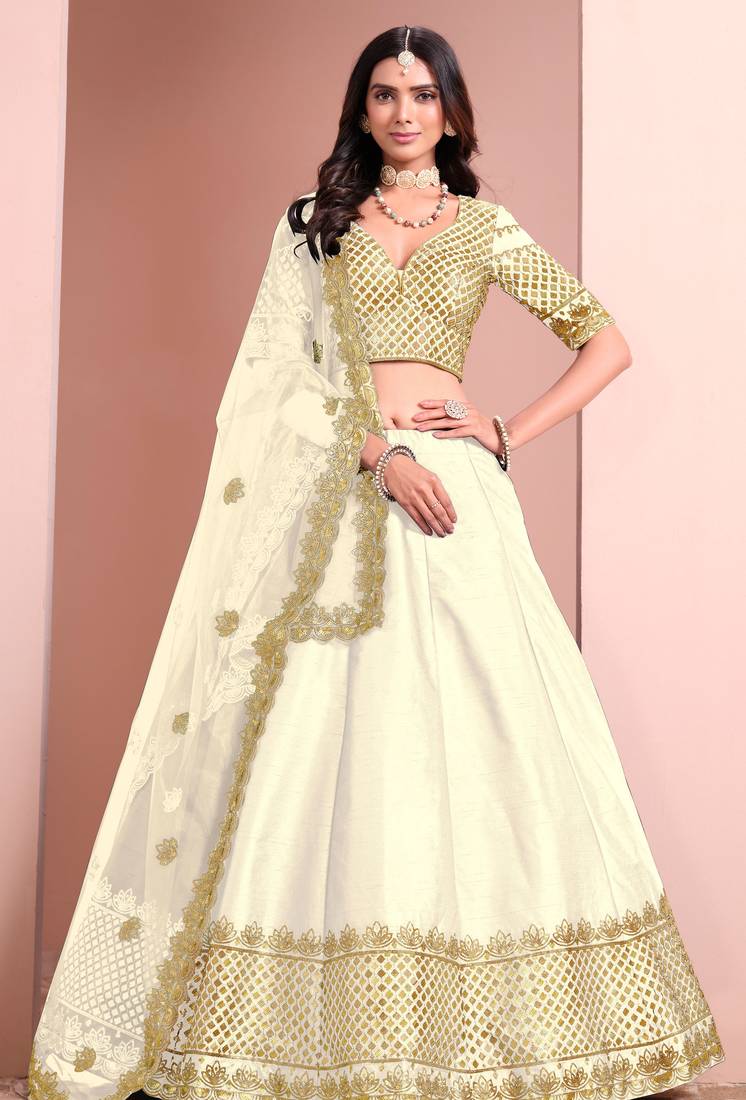 Off White Art Silk Sequins Work Semi Stitched Lehenga Choli Size Up To 42