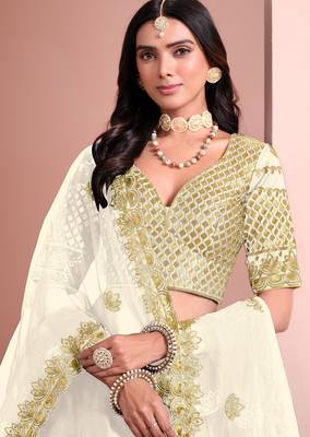 Off White Art Silk Sequins Work Semi Stitched Lehenga Choli Size Up To 42 2