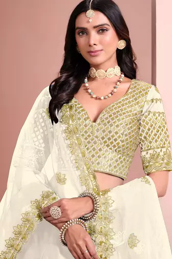 Off White Art Silk Sequins Work Semi Stitched Lehenga Choli Size Up To 42