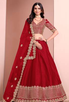 Red Art Silk Sequins Work Semi Stitched Lehenga Choli Size Up To 42 1