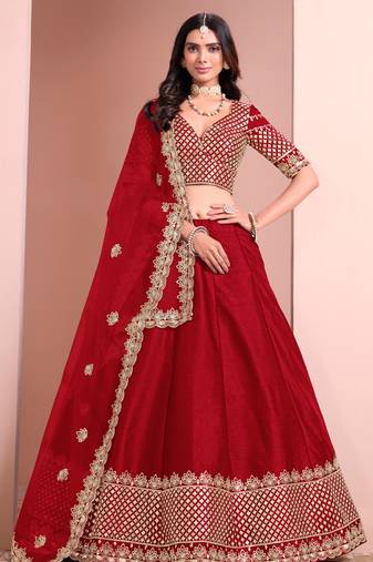 Red Art Silk Sequins Work Semi Stitched Lehenga Choli Size Up To 42