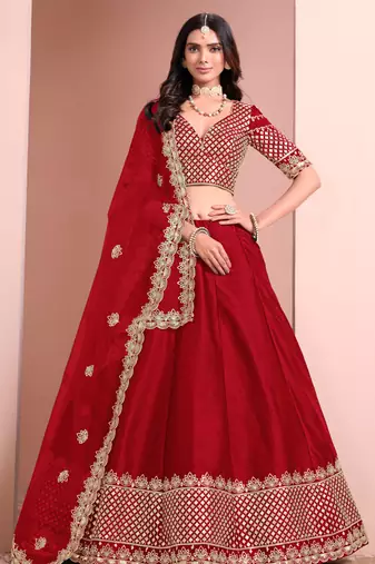 Red Art Silk Sequins Work Semi Stitched Lehenga Choli Size Up To 42