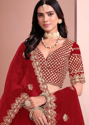 Red Art Silk Sequins Work Semi Stitched Lehenga Choli Size Up To 42 2