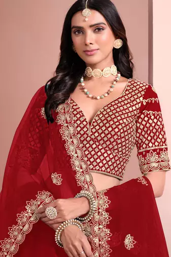 Red Art Silk Sequins Work Semi Stitched Lehenga Choli Size Up To 42