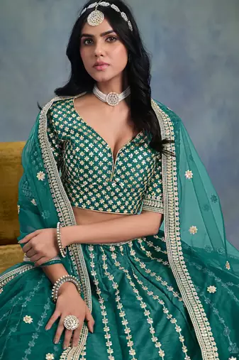 Turquoise Art Silk Sequins Work Semi Stitched Lehenga Choli Size Up To 42