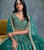 Turquoise Art Silk Sequins Work Semi Stitched Lehenga Choli Size Up To 42