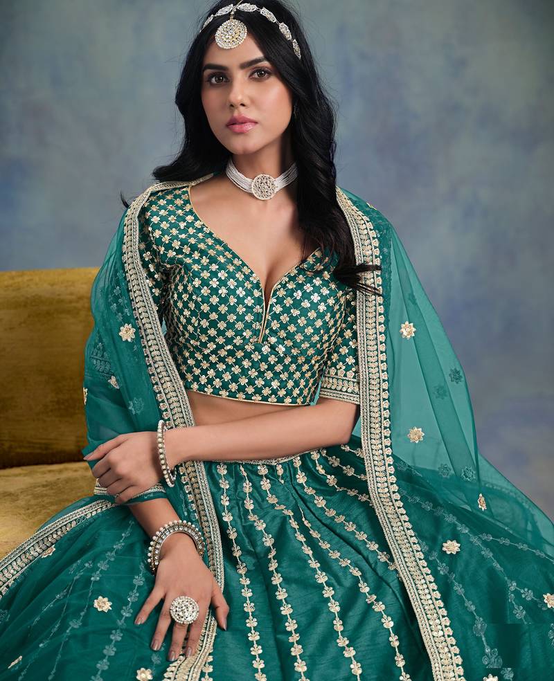 Turquoise Art Silk Sequins Work Semi Stitched Lehenga Choli Size Up To 42