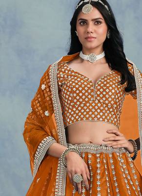 Orange Art Silk Sequins Work Semi Stitched Lehenga Choli Size Up To 42 2