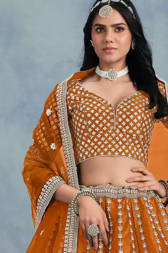 Orange Art Silk Sequins Work Semi Stitched Lehenga Choli Size Up To 42