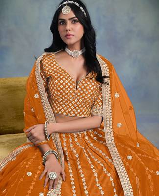 Orange Art Silk Sequins Work Semi Stitched Lehenga Choli Size Up To 42 1