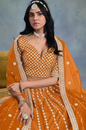 Orange Art Silk Sequins Work Semi Stitched Lehenga Choli Size Up To 42