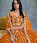 Orange Art Silk Sequins Work Semi Stitched Lehenga Choli Size Up To 42