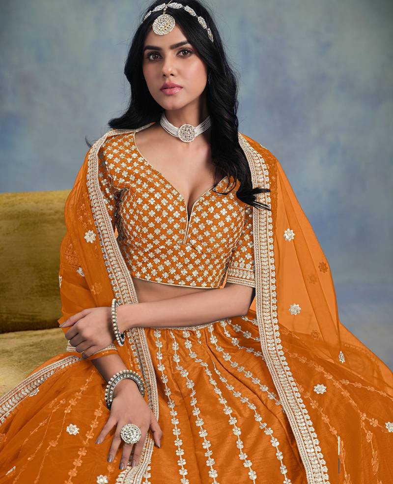 Orange Art Silk Sequins Work Semi Stitched Lehenga Choli Size Up To 42