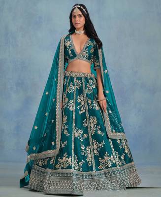 Green Art Silk Sequins Work Semi Stitched Lehenga Choli Size Up To 42 1