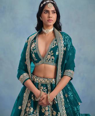 Green Art Silk Sequins Work Semi Stitched Lehenga Choli Size Up To 42 2